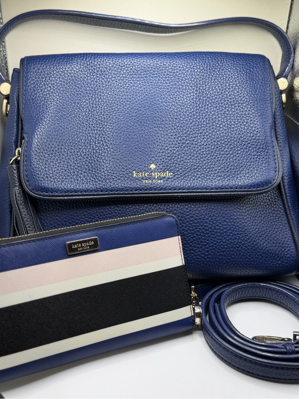 kate spade Blue Pebbled Leather Crossbody with Striped Wallet